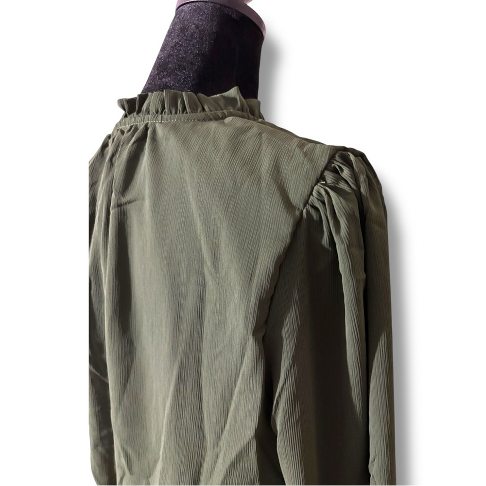 Amazon Army Green Ruffled Tiered V Neck Tie Loose Fit Long Sleeve Mini Sundress - Picture 9 of 16